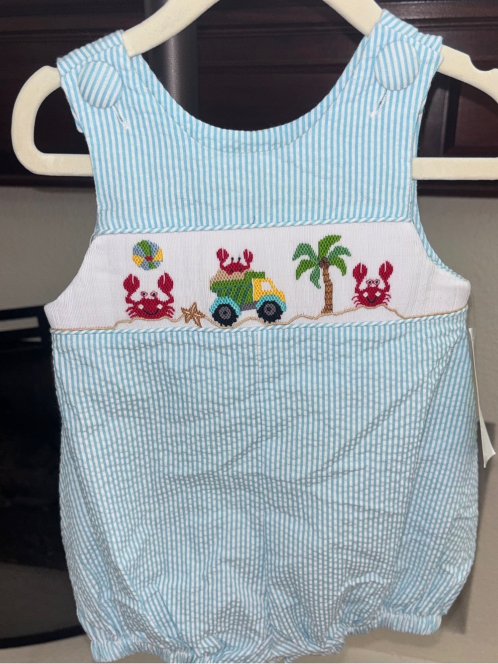 Blue Striped Baby One-Piece Romper with Beach Embroidery